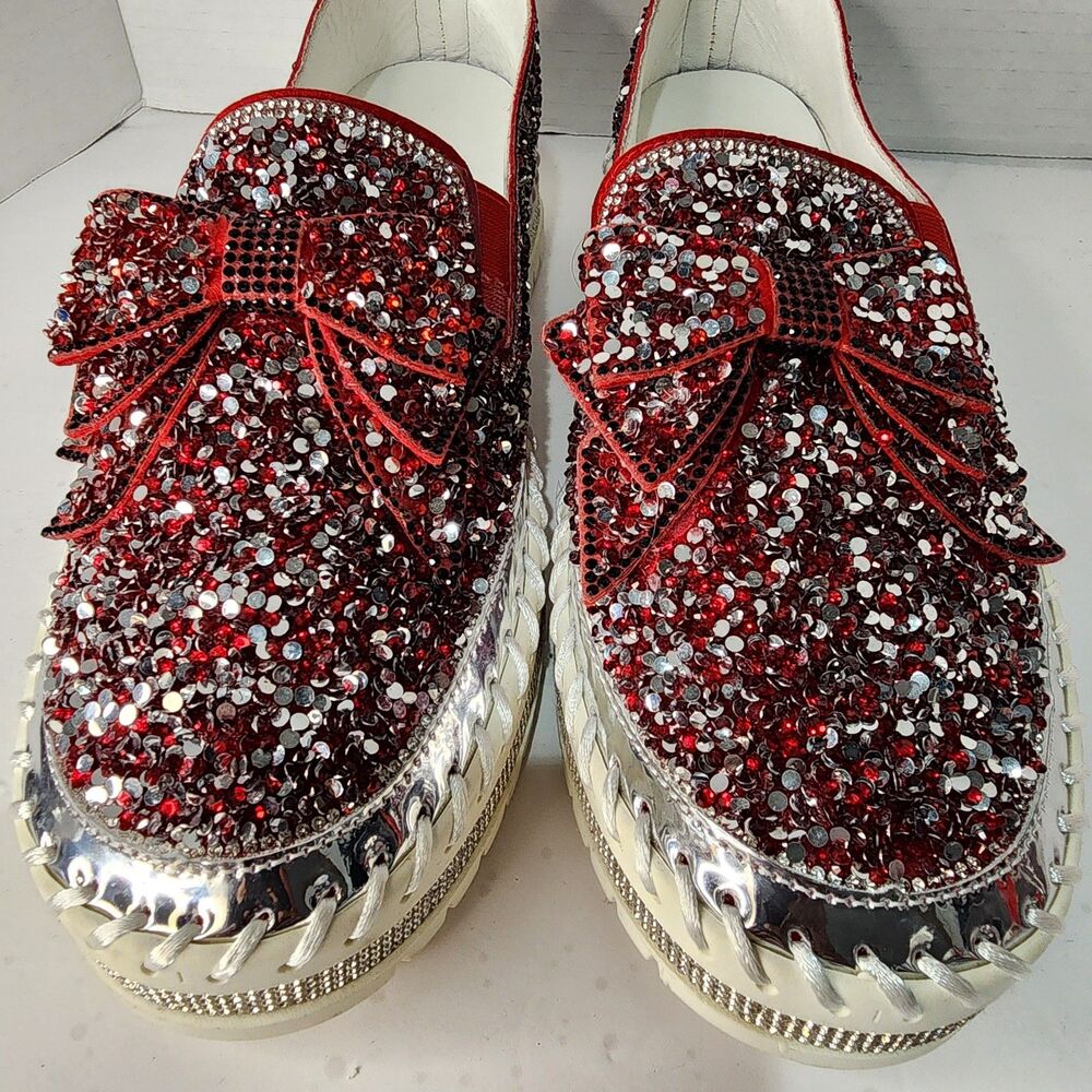 Red Womens Rhinestone Glitter Slip On Loafer Sneakers on White Platform Sz 10.5
